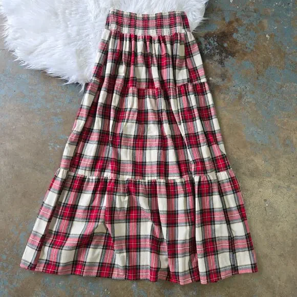 Show Me Your Mumu Melody Maxi Skirt Size L Flannel Plaid Prairie Tiered Red